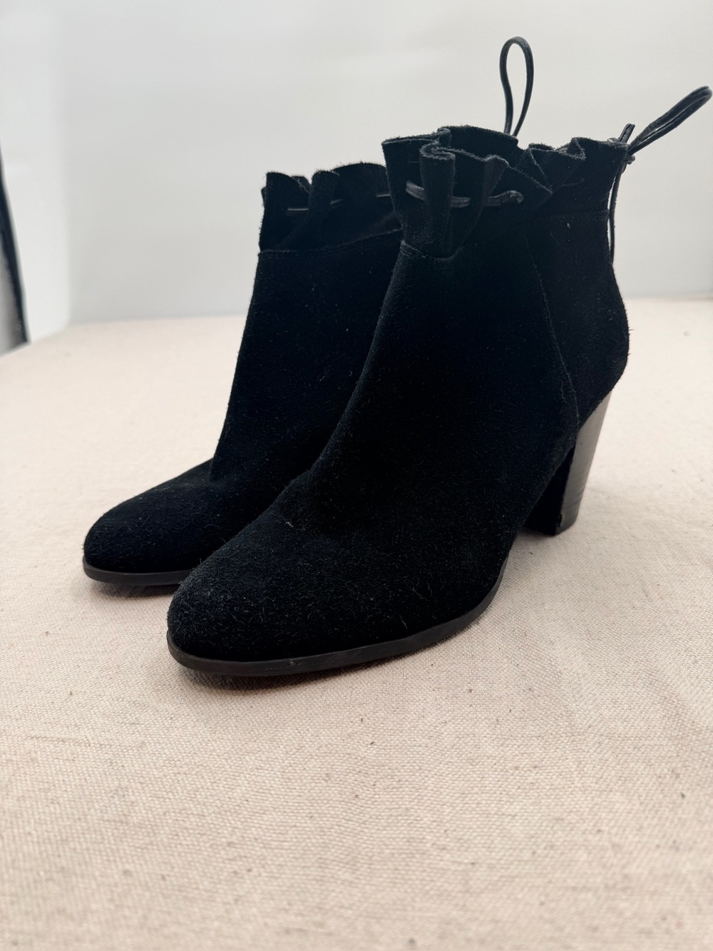 crown & ivy Black Suede Ruffle Tie Ankle Booties